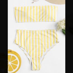 Yellow Striped High Waist Bandeau Top Bikini Set